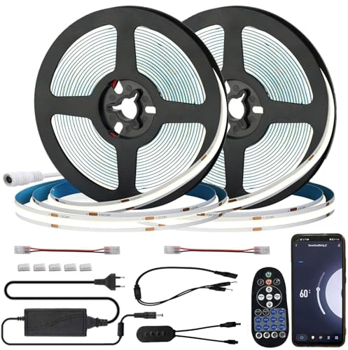 FOLGEMIR 10m (2x 5m) COB LED Streifen Kalt Weiß 6000K, WIFI kontrolliert LED Strip mit 12V Netzteil & IR Fernbedienung, dimmbar, selbstklebend, Timer, Musik, kompatibel mit Tuya APP