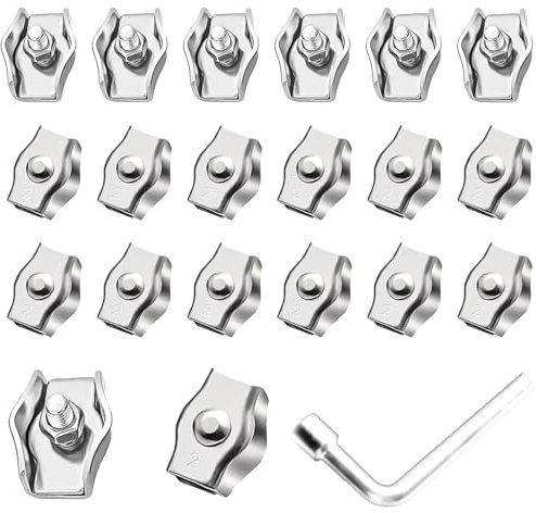 20 Pcs M2 Stainless Steel Wire Rope Clamps, Wire Rope Clips, Heavy Duty Cable Clamps Rope Grips, Single Wire Rope Cable Fastening Clips for Clothesline Awning Banners, with 7mm Wrench