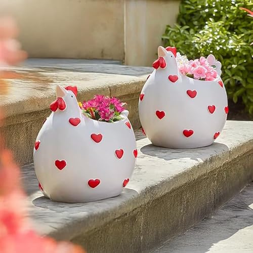 Marco Paul Large Outdoor Flower Hen Planter Indoor Plant Pots for Herbs, Vegetables, Succulents Plants Garden Planter Tray Flower Pot Chicken Love Heart Planter Set of 2