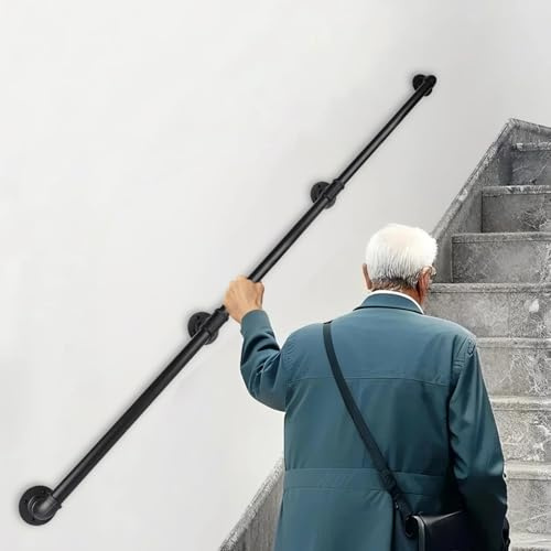 10FT Industrial Pipe Stair Railings Indoor, Hand Rails for Indoor Stairs, Wall Mounted Stair Handrail for Outdoor Steps, Heavy Duty Support Black Stair Railing for Loft Porch Deck(3 Section)