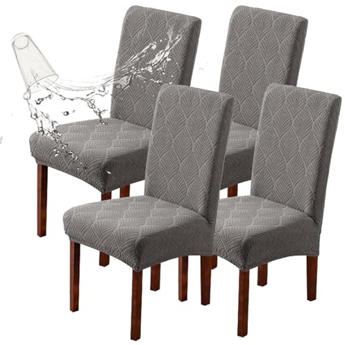 OKYUK Waterproof Chair Covers for Dining Room 4/6 Pack, Stretch Jacquard Dining Chair Cover Removable Washable Chair Protectors Cover for Kitchen, Home (4, Leaf-light Grey)