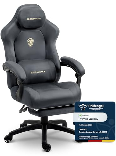 Dowinx Gaming Stuhl Ergonomisch mit Lendenkissen, Höhenverstellbare Kopfstütze, Verdicktes Sitzpolster, Ausziehbare Fußstütze, Verstellbare Armlehnen, Mikrofaser-Velours, 160° Neigbar, Grau