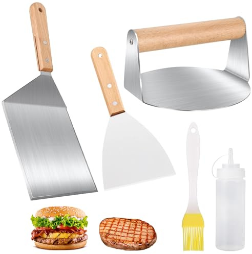 Kinfezlon Burger Smasher Set, Edelstahl Burger Smasher Set, Professionelles Burger Smasher Set, Leckere Hamburger, Teppanyaki, BBQ usw (5-TLG)