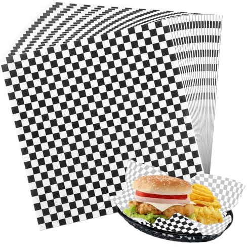 AKOLAFE 500 Pcs Greaseproof Paper Sheets 30x30cm Wrap Papers Checkered Basket Liners Oil Proof Waterproof Wax Paper Sheets for Deli, BBQ Sandwich Burgers Cake Cheese Cookies Buffet, Black
