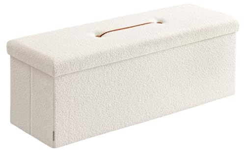 SONGMICS Hocker mit Stauraum, Faltbarer Sitzhocker, 38 x 110 x 38 cm Fußhocker, Sitzbank, Bettbank, Aufbewahrungsbox, bis 300 kg belastbar, Wohnzimmer Schlafzimmer Flur, cremeweiß LSF097W01V1