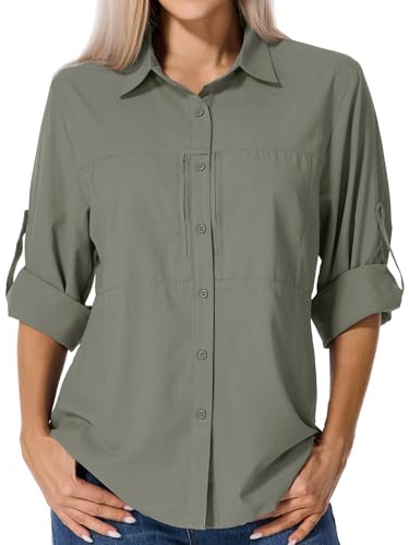 Asfixiado Shirts Damen UV Shirt UPF 50+ Safari Kleidung Wanderbluse Damen Hemdbluse Outdoor Atmungsaktiv Quick Dry Sonnenschutz Langarmshirt Bluse（5087 Grey Green L）