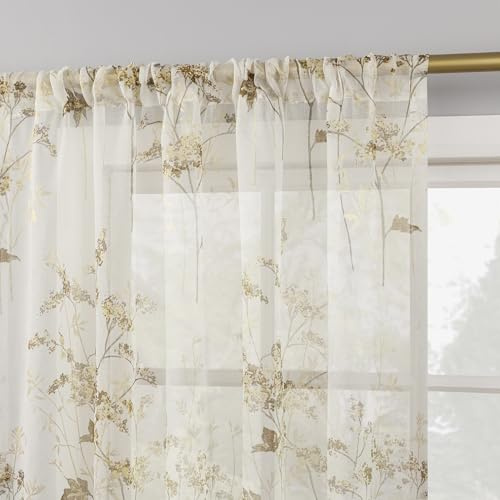 No. 918 Mila Botanical Print Sheer Rod Pocket Curtain Panel, Gold, 50 W x 84 L (1 Panel)