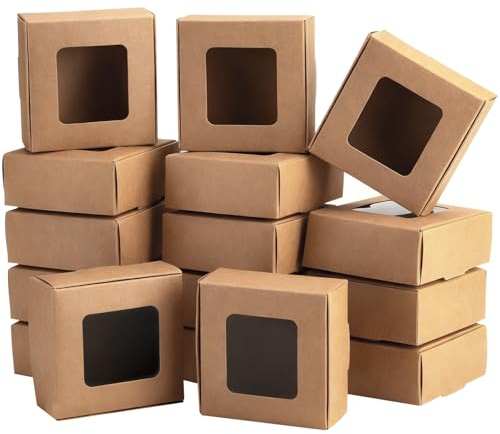 PICKAROOLTD 36 Stück Kraftpapier-Box, 75 x 75 x 30mm Kraft Geschenk-Boxen mit Fenster, wiederverwendbare quadratische Geschenk-Box, für Kuchen, Donuts, Cupcakes, Süßigkeiten, Kekse