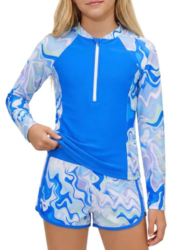 JiAmy Traje de baño para niña con pantalones cortos, traje de baño de dos piezas para niñas, bañador de manga larga con cremallera y protector solar para niños de 8 a 14 años, Blanco Azul, 9-10 años