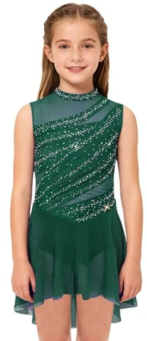 Aislor Vestito da Pattinaggio Artistico Bambina con Paillettes Body da Balletto Danza Classica Leotard Corpo con Gonna Tulle Abito da Ballo Lirico Contemporaneo Verde Scuro 11-12 Anni