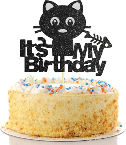 Sotpot 1 Pack Cat Birthday Cake Topper Black Glitter Happy Birthday Cake Decorations for Kitten Theme Birthday Party Supplies