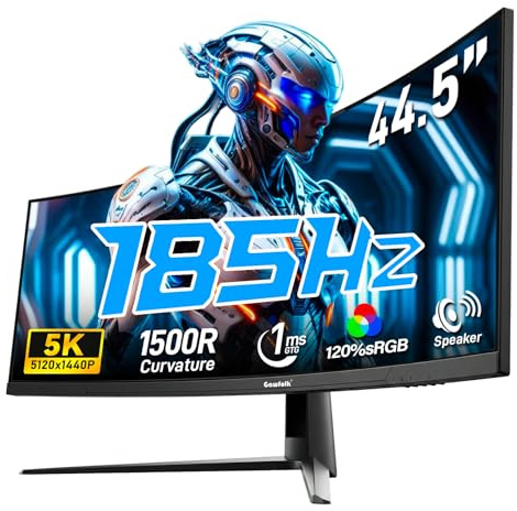 Gawfolk 44.5 Zoll Curved Gaming Monitor, 185Hz 5K UltraWide PC Bildschirm mit Lautsprecher, 5120×1440P, Gebogen Computerbildschirm mit FreeSync und Pip/PBP, DP, HDMI