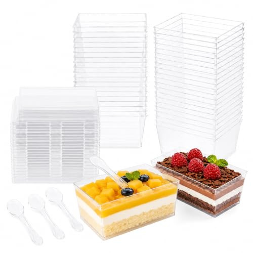 Forhandy 60 stycken dessertglas plast, 160 ml dessertkoppar hårdplast dessertskålar med lock och skedar, återanvändbara dessertkoppar rektangulära för dessert, pudding, tiramisu, mousse