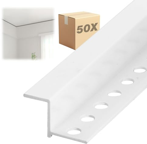 50 x skuggfogprofil PVC med läpp 119 cm, mått: 9,5 mm, slutprofil av hård PVC för gipsskivorkonstruktioner, gipsskivor slutprofil, gipsstruktur (8 x 10 x 12 mm)