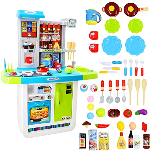 deAO My Little Chef Küchen Spielset mit Klängen, Touchscreen-Panel und Wasserspiele - Mehr als 40 Zubehör Enthalten (Blau)