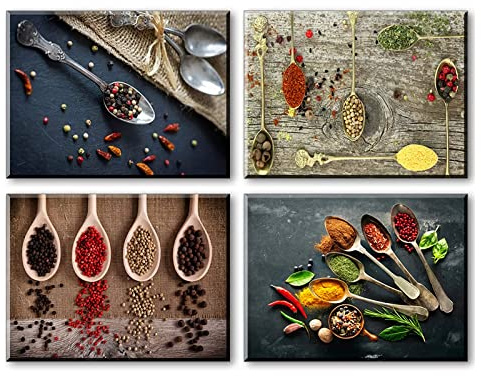 Piy Painting Spice and Spoon Elegante Wanddekoration, Gemälde für Schlafzimmer, 40 x 30 cm, mit integriertem Holzrahmen, 4 Stück