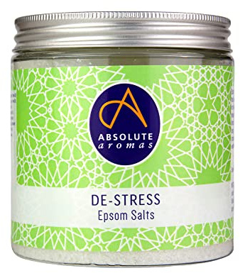 Absolute Aromas De-Stress Sal de baño de Epsom 575g - Sulfato de magnesio con infusión de aceites esenciales 100% puros- Aceites de bergamota, incienso, rosa, jazmín y lavanda