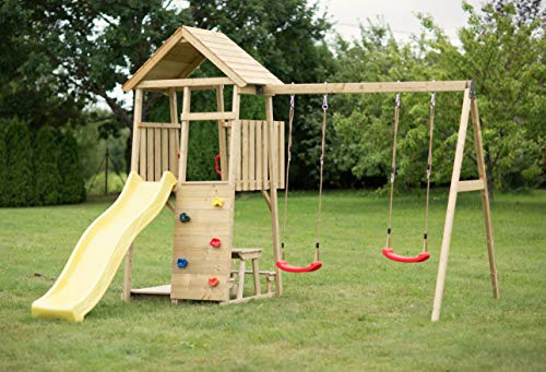 Wendi Toys J9 | Torre da gioco in legno Torre da gioco con altalena, sabbiera, tavolo da picnic e scivolo giallo | Piattaforma alta 120 cm e altalene a 2 posti | Torre da gioco da esterno per bambini