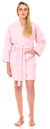 TowelSelections Womens Waffle Robe Kimono Spa Bathrobe Short Waffle Weave Bath Robe for Women Small Ballerina Pink