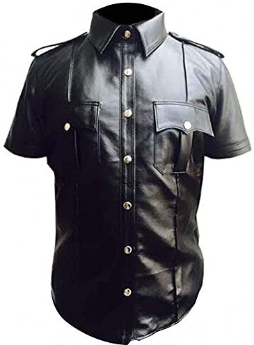 UbAli Camisa de Cuero Real para Hombre de Vaca y Oveja con Manga Corta, Camisa de Uniforme Policial, Camisa BLUF para Hombres Gay, Camisa de Cuero de Cordero Caliente, XXL