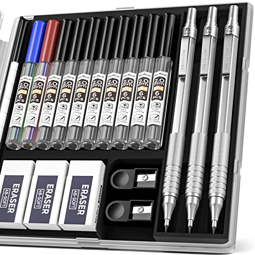 Nicpro 3 Pezzi 2mm Metallo Matite Meccaniche Astuccio, Art Portamine Falegname Set con 10 Tubi Mine (HB 2H 4H 2B 4B)(Nero, Colors), 3 Gomma 2 Temperamatite Astuccio per Artista Disegno Scrittura