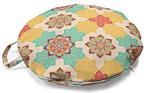 ABAKUHAUS marokkanisch Rundes Bodenkissen mit Griff, Boho Kultur der Ureinwohner, dekoratives Kissen für Wohnzimmer & Schlafsäle, 45 cm, Mehrfarbig