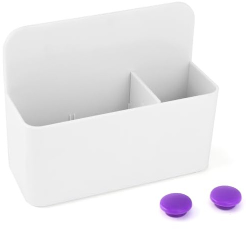 QWORK® Magnetisk märkpenna-hållare – 12,5 x 10 x 4,5 cm, 2 fack – för whiteboard/kylskåp/skollåsfack/kontor