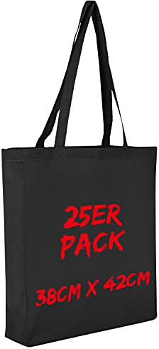 TEXXILLA Baumwolltasche - 25er Pack | Schwarz | mit Zwei Langen Henkeln, Boden- und Seitenfalte | 38x42cm | Jutebeutel | Einkaufstasche | unbedruckt