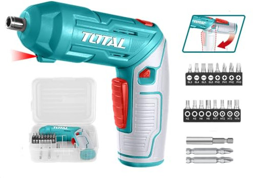 TOTAL - Visseuse sans Fil 4V | Insertion de 1/4'' | 2 positions de Travail | Port de Charge USB Type C | Lumière LED | Comprend une Mallette avec 19 Embouts | Batterie Intégrée | Chargeur Non Inclus