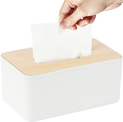 Taschentuchbox, Tücherbox mit Bambus-Deckel, Kosmetiktücher Box Taschentücher Box Spender für Badezimmer Küche Wohnzimmer, 21x13x10cm (Weiß)