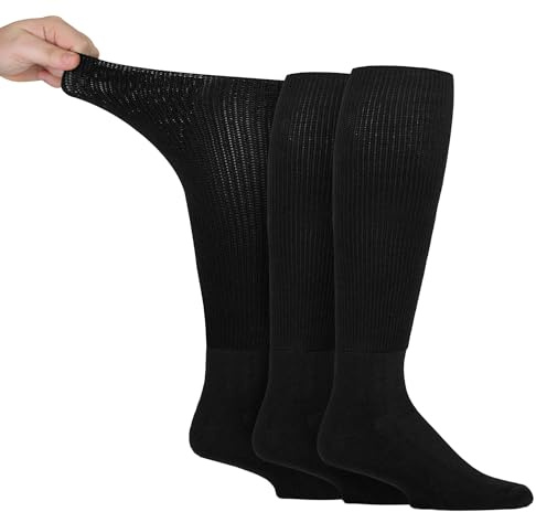 IOMI Knee High Diabetic 3 Pack Bamboo Non Elastic Socks for Swollen Feet | Long Extra Wide Non-Binding Soft Top Socks (9-11, Black)