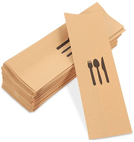 Zerodeko 100 Pièces Pochette à Couverts Papier Kraft Porte-Couverts Jetables Pochettes De Rangement pour Fourchettes Et Couteaux