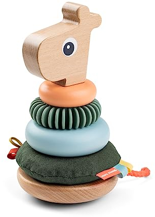 Done by Deer Stapelturm Raffi Farbmix - Stapelspielzeug in Giraffenform mit Vier Ringen - stimuliert spielerisch die Sinne des Kindes - Motorikspielzeug, Montessori Spielzeug, Holzspielzeug ab 1 Jahr