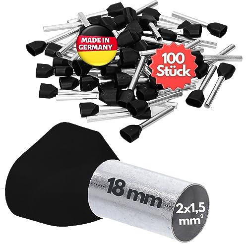 Kalitec 100 Terminali Isolati 2 x 1,5 mm², Manicotti Gemelli, Nero, 18 mm | Qualità industriale Made in Germany, rame stagnato certificato UL, ideali per cablaggi elettrici e pinze crimpatrici