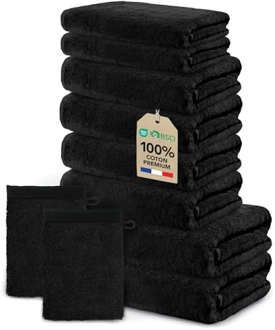 Ôhm Handtuch-Set 10-teilig Baumwolle Schwarz | Komplette Lösung fürs Badezimmer oder als fertiges Geschenk, ohne einzelne Teile zusammenzusuchen