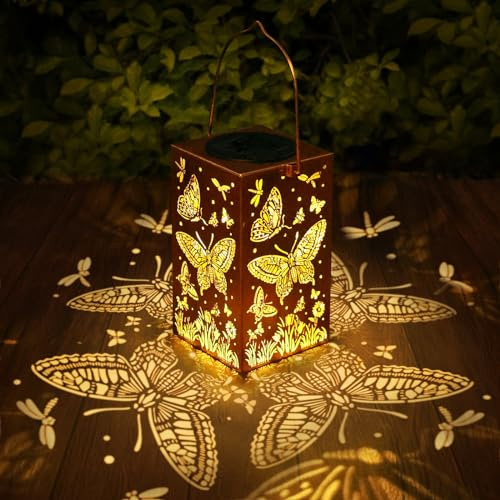 Faroles solares colgantes para exteriores, decoración de mariposas, farol de metal, impermeable, luz LED decorativa de jardín para patio, patio delantero, balcón, cubierta, regalos de jardín para
