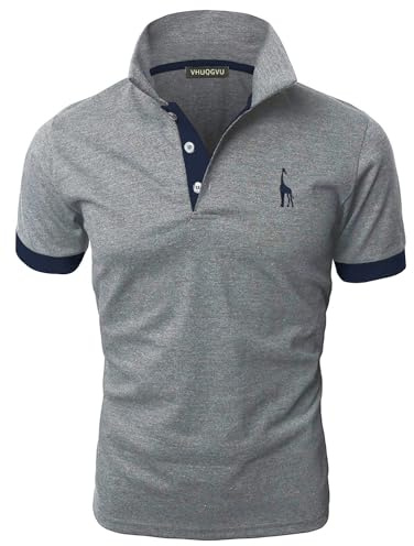 VHUQGVU Mode Polo Homme Manche Courte Brodé Girafe Chemise T-Shirt en Coton,Gris+Bleu Marine,3XL
