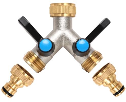 OPERMAXER 2 Wege Y Verteiler, Wasserhahn Wasserverteiler mit Verlängerter Griff, 3/4 Zoll Messing Splitter mit individuellem Absperrhähnen，2er Verteiler 3/4 Adapter 1/2 für Geräte/Gartenschläuche