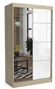 Brent - Kleiderschrank mit Spiegel Suzan, 100cm Breit, Schlafzimmerschrank mit 1 Kleiderstange und Einlegeböden für Kleidung, Kleiderschrank Sonoma Eiche/Weiß Hochglanz
