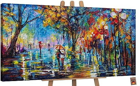 YS-Art Pintura hecha a mano Callejón de otoño Paisaje acogedor Decoración de pared colores vivos Figuras humanas abstractas 100x50 cm