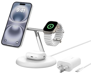 Belkin BoostCharge 3-in-1 Wireless Charging Stand with Qi2 15W, MagSafe Compatible Fast Charger for iPhone 17, Air, 16, 15, 14, 13, 12 Series, PixelSnap, AirPods, Apple Watch (PSU included) - White