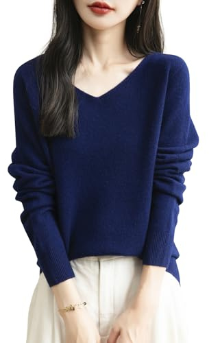 Chanyarn Maglione da Donna 100% Lana Merino con Scollo a V 2025 Casual a Maniche Lunghe Senza Cuciture Maglia Maglione (Navy Blue,M)
