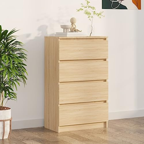 FOZICV Sideboard Sonoma-Eiche 60x35x98,5 cm Holzwerkstoff Minimalistischen Stil Multifunktional Lagerschrank mit 4 Schubladen Stauraum für Bücher, Multimedia-Geräte und Andere Gegenstände