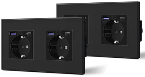 BSEED Steckdose aus Glas mit 20W USB C, Schnellladegerät Wandsteckdose, 3 in 1 Unterputz Steckdosen, Einfache Installation, 240V 16A, 157mm 2 Fach Schwarz, 2 Pack