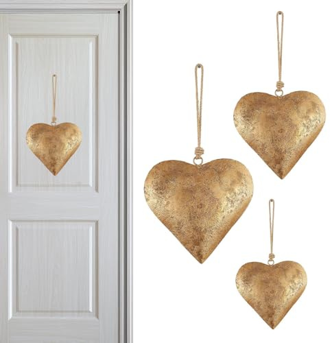 Metal Heart Wall Decor,Antique Style Hangings Heart,Heart-Shaped Iron Ornament With Golden Antique Finish And Heart Bell, Vintage Metal Heart Wall Art With Rope For Home Indoor Outdoor