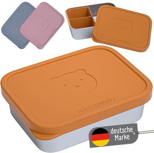 BEARFOOT Edelstahl Kinder Brotdose mit Silikondeckel | BPA-freie Lunchbox | Auslaufsichere Bento Box Kinder | Brotzeitbox für Kindergarten, Schule & Kita | Spülmaschinenfest & robust (Braun, 1.200ml)