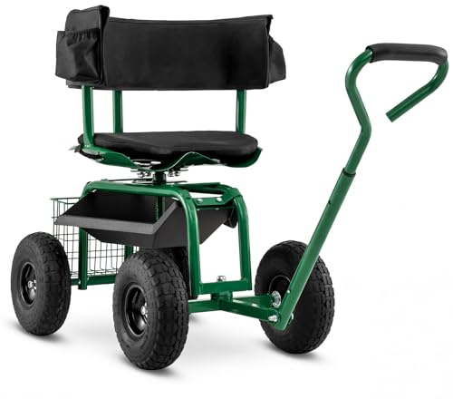 TANGZON Steerable Garden Cart Scooter, 360° Swivel & Height Adjustable Gardener Work Seat with Tool Tray& Basket, Rolling Wagon Scooter (Green+Black, 96x48x78-88cm, with Extendable Handle & Cushion)