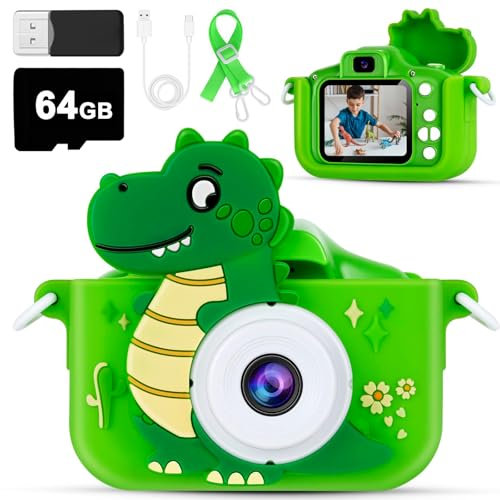 Kids Camera, 64GB Digital Camera Toy for Kids, Dinosaurs Birthday Gifts for Boys Age 3-12, 1080P HD Video Camera for Toddler, Children Toys for 3 4 5 6 7 8 9 Year Old Boys