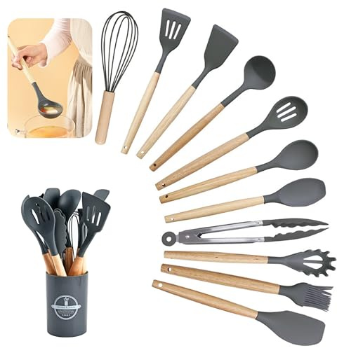 Kitchen Utensil Set, 12 PCS Silicone Cooking Utensils Set with Wooden Handle, Heat Resistant, Nonstick Cookware Tongs Spatula Spoon Set, Silicone Kitchen Utensils Set Suitable for Kitchen(Dark Grey)