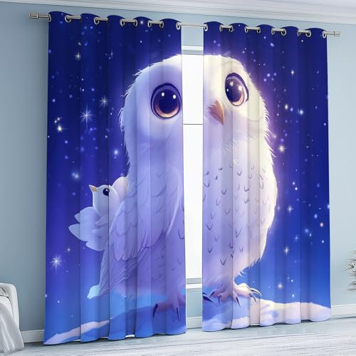 Kioldoq Niedlich Eule Vorhang 2er Set 215x110 cm, Cartoon Tier Blickdichte Gardinen, Sternenhimmel Kind Gardinen mit Osen, Thermovorhang für Schlafzimmer Wohnzimmer Fensterdekoration